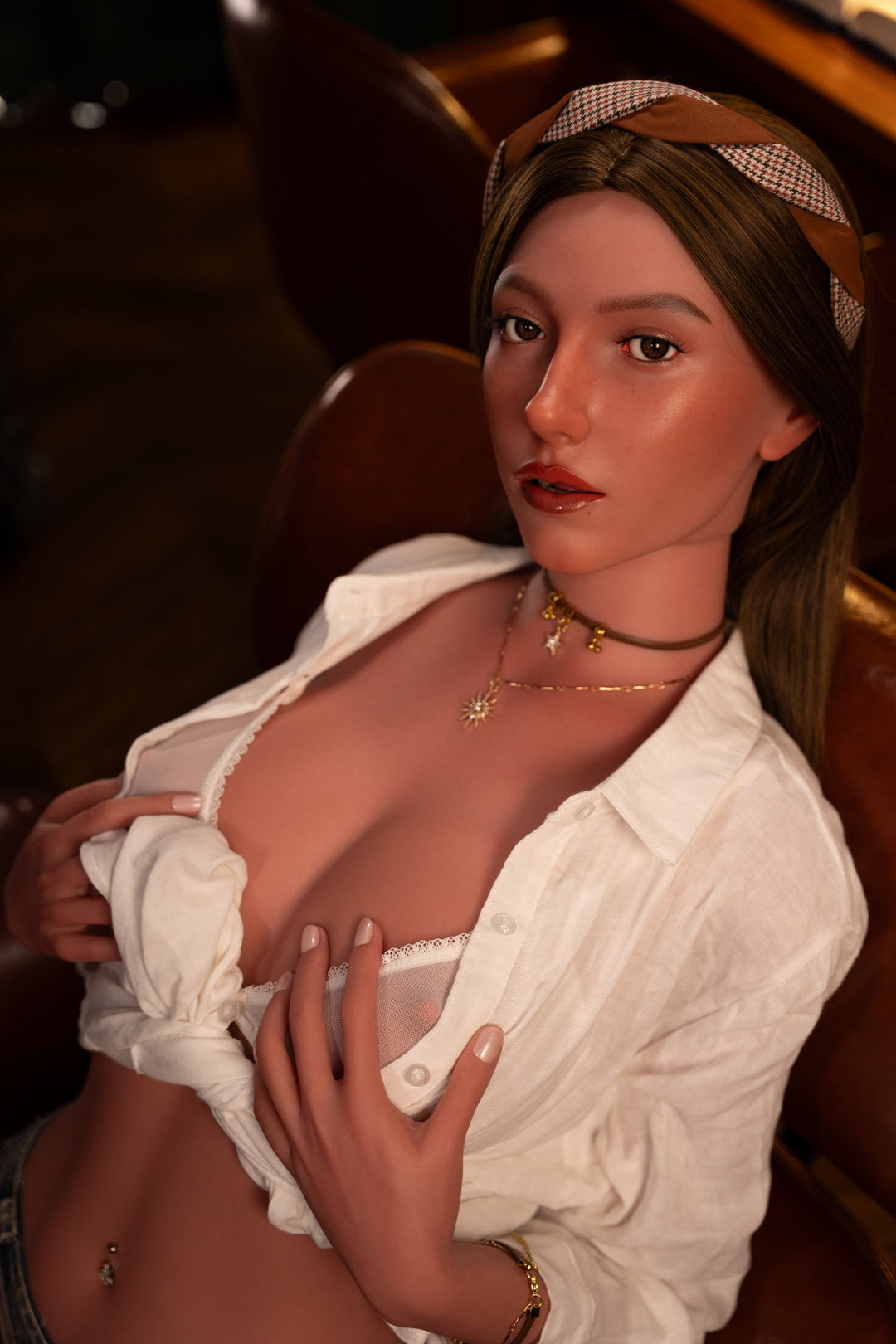 Zelex Doll SLE Series 3.0 172 cm E Silicone - ZXE215-1 seated pose in open white button-up shirt, short dark hair, warm indoor background
