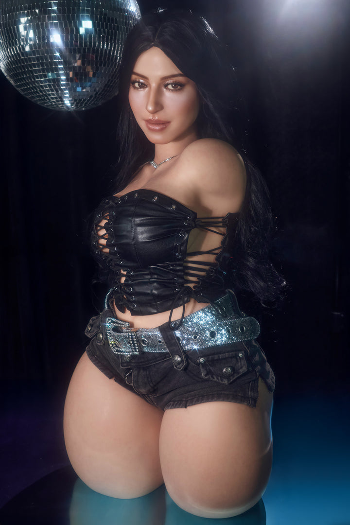 CLIMAX DOLL - ULW 885# Silicone Torso - Renata (Natural) – long black hair and brown eyes, black lace-up leather corset and denim micro shorts under a disco ball