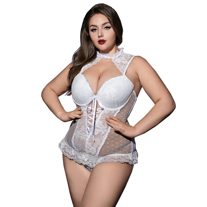 PLUS SIZE Teddy - 2 Pcs White Sexy Bustier Lingerie with Lace Trim Corset Top and Matching Thongs