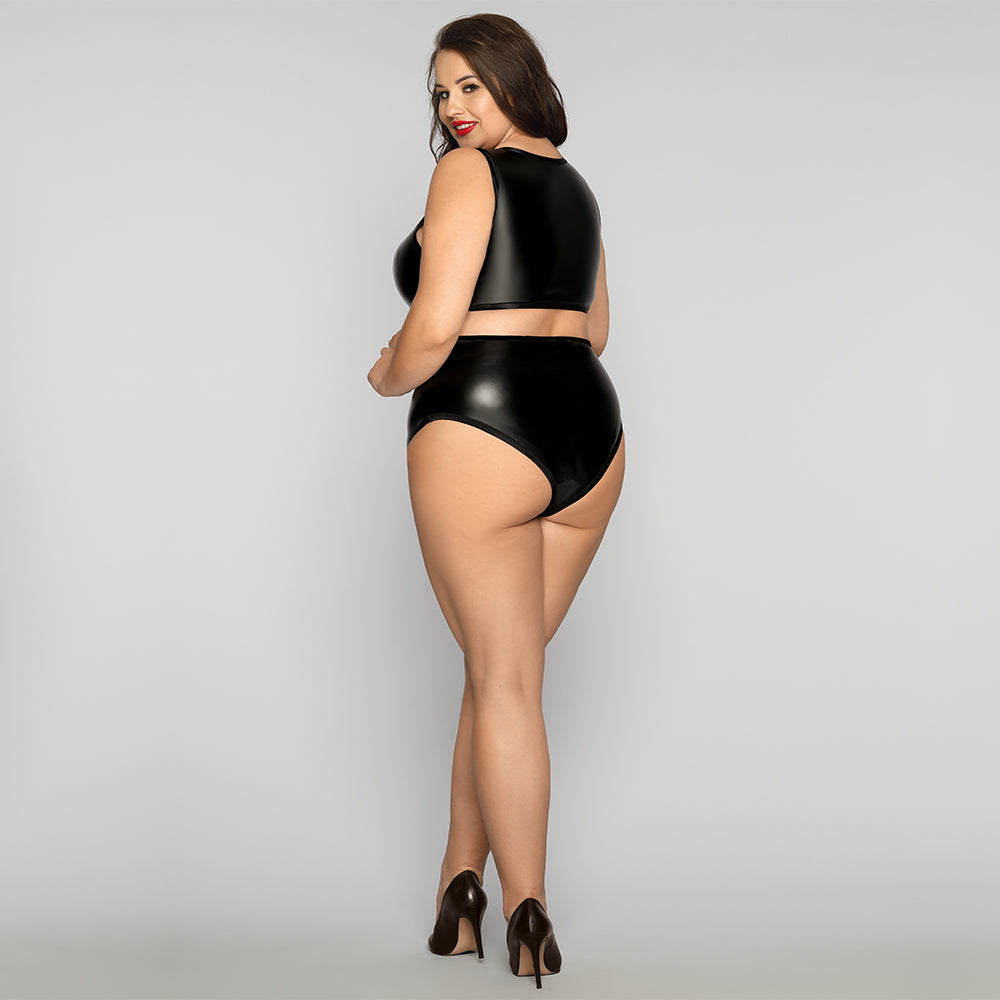 PLUS SIZE Bodysuit - 1 Pc Black Faux Leather Women's Lingerie with Crisscross Detailing Strappy Front and Sleeveless Cut