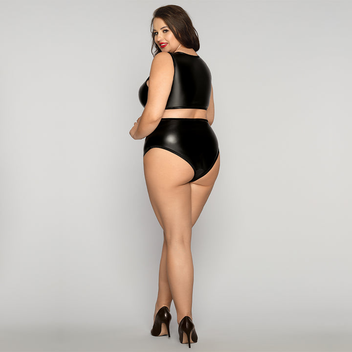 PLUS SIZE Bodysuit - 1 Pc Black Faux Leather Women's Lingerie with Crisscross Detailing Strappy Front and Sleeveless Cut