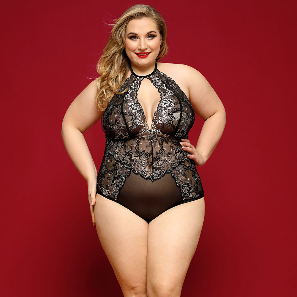 PLUS SIZE Teddy - 1 Pc Sheer Mesh Black Bodysuit with Floral Detail and Lace Embroidery