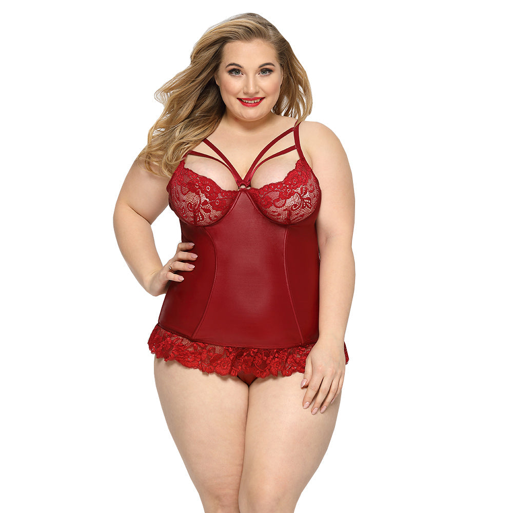 PLUS SIZE Bodysuit - 2 Pcs Red Faux Leather Floral Lace Corset with Hook Back Closure and Matching Thongs
