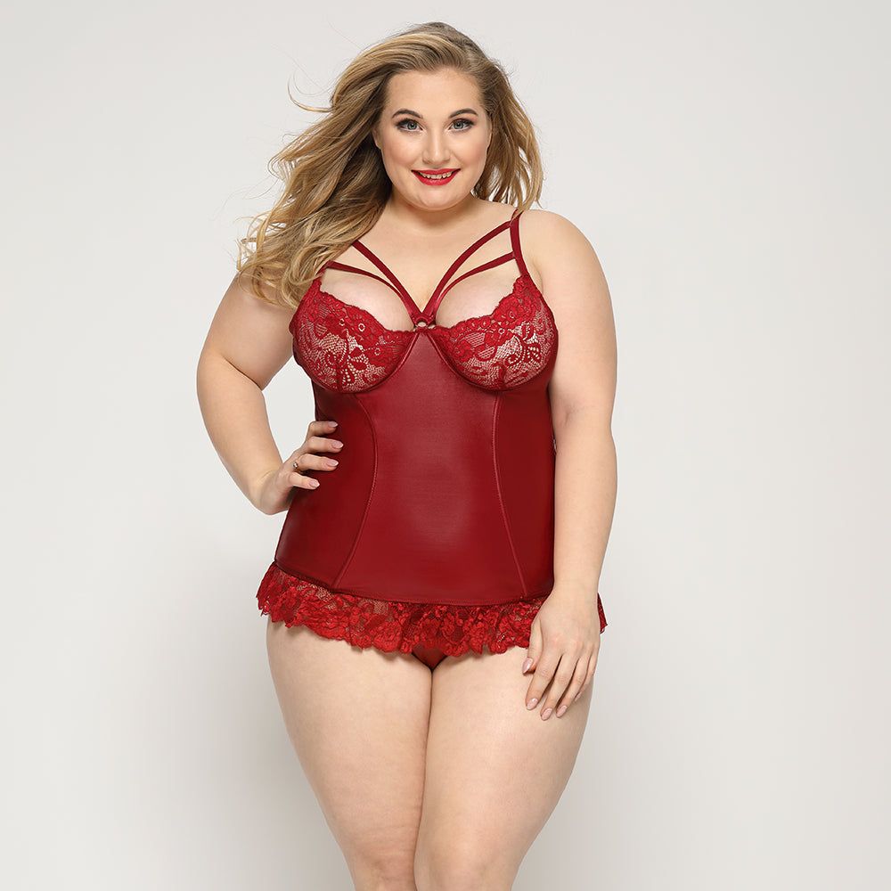 PLUS SIZE Bodysuit - 2 Pcs Red Faux Leather Floral Lace Corset with Hook Back Closure and Matching Thongs