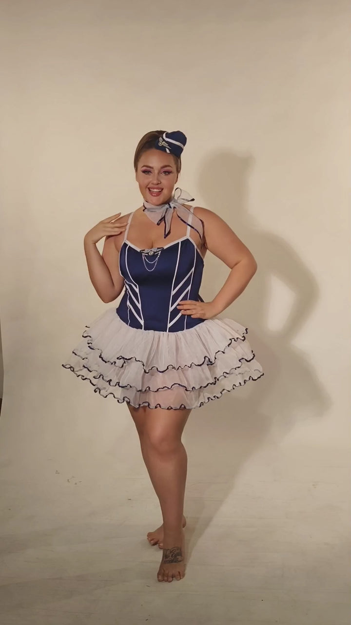 PLUS SIZE Roleplay Set - 4 Pcs Blue Seductive Stewardess Costume with Flared Skirt Dress and Matching Thongs