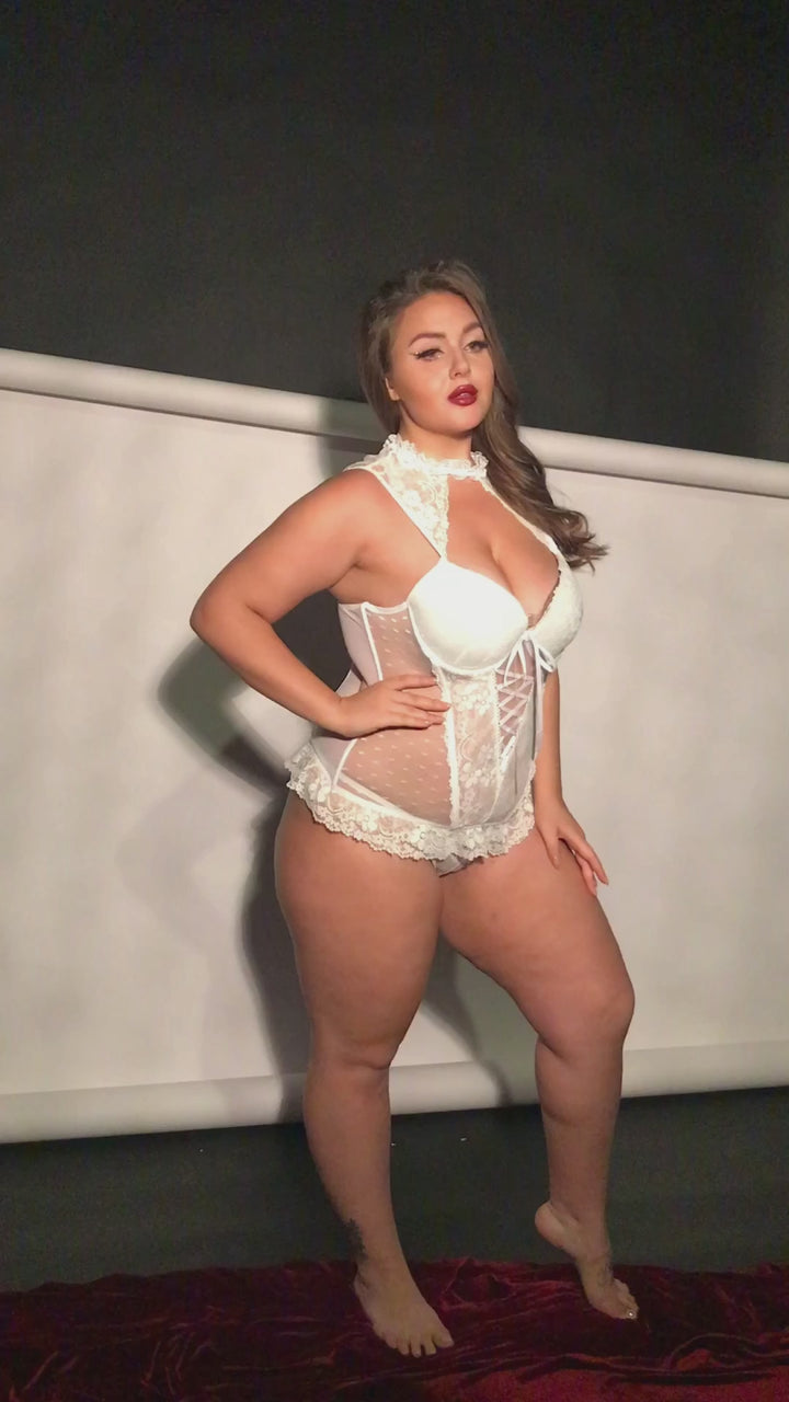 PLUS SIZE Teddy - 2 Pcs White Sexy Bustier Lingerie with Lace Trim Corset Top and Matching Thongs
