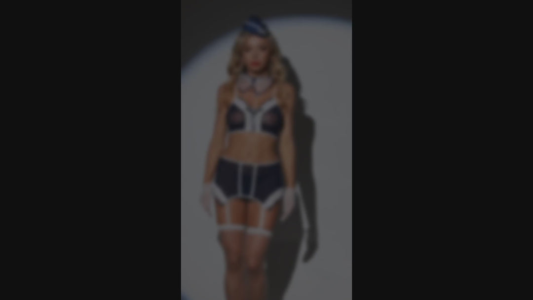Roleplay Set - 6 Pcs Flight Attendant Costume Lingerie with Fishnet Stockings and Accesories