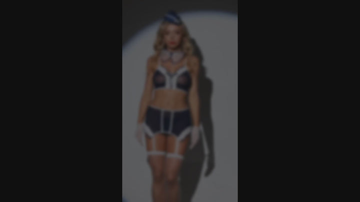 Roleplay Set - 6 Pcs Flight Attendant Costume Lingerie with Fishnet Stockings and Accesories