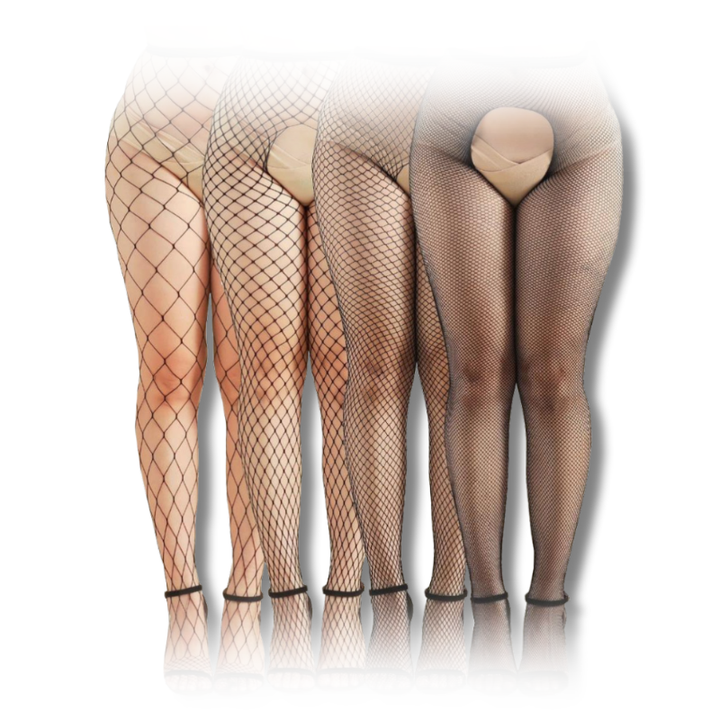 Set of 4 black fishnet stockings with open-crotch and high-waist mesh design.
